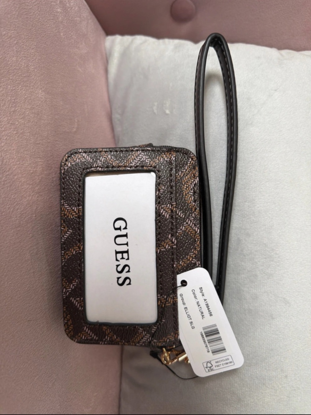 GUESS Brown Monogram Wristlet Card Holder with Black Strap